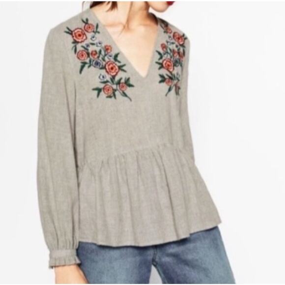 Zara Boho Floral Embroidered Peasant Top Western Cottagecore Blouse Gray L - Picture 1 of 8